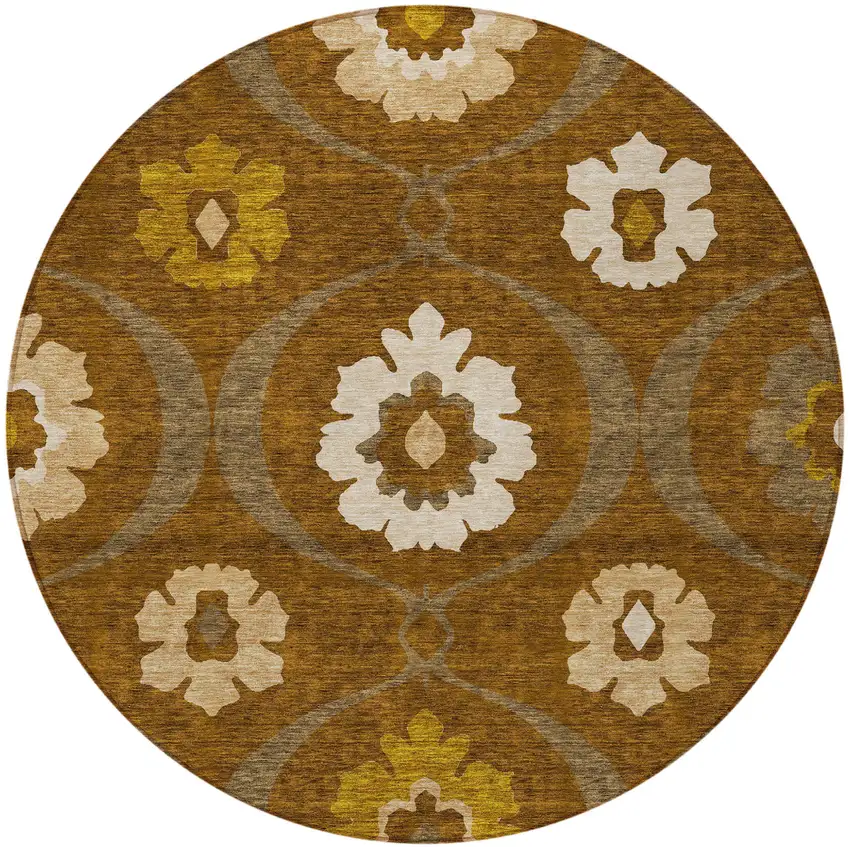 8' Brown Beige And Gold Round Medallion Washable Indoor Outdoor Area Rug Photo 8