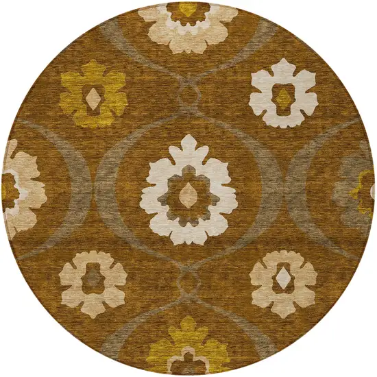 8' Brown Beige And Gold Round Medallion Washable Indoor Outdoor Area Rug Photo 8