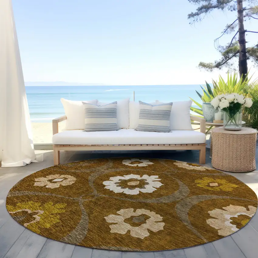 8' Brown Beige And Gold Round Medallion Washable Indoor Outdoor Area Rug Photo 9