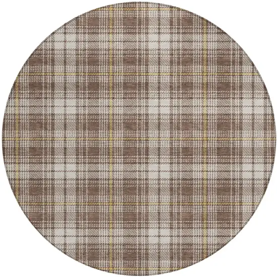 8' Brown Beige And Gold Round Plaid Washable Indoor Outdoor Area Rug Photo 2