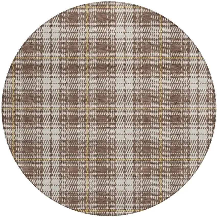 8' Brown Beige And Gold Round Plaid Washable Indoor Outdoor Area Rug Photo 2