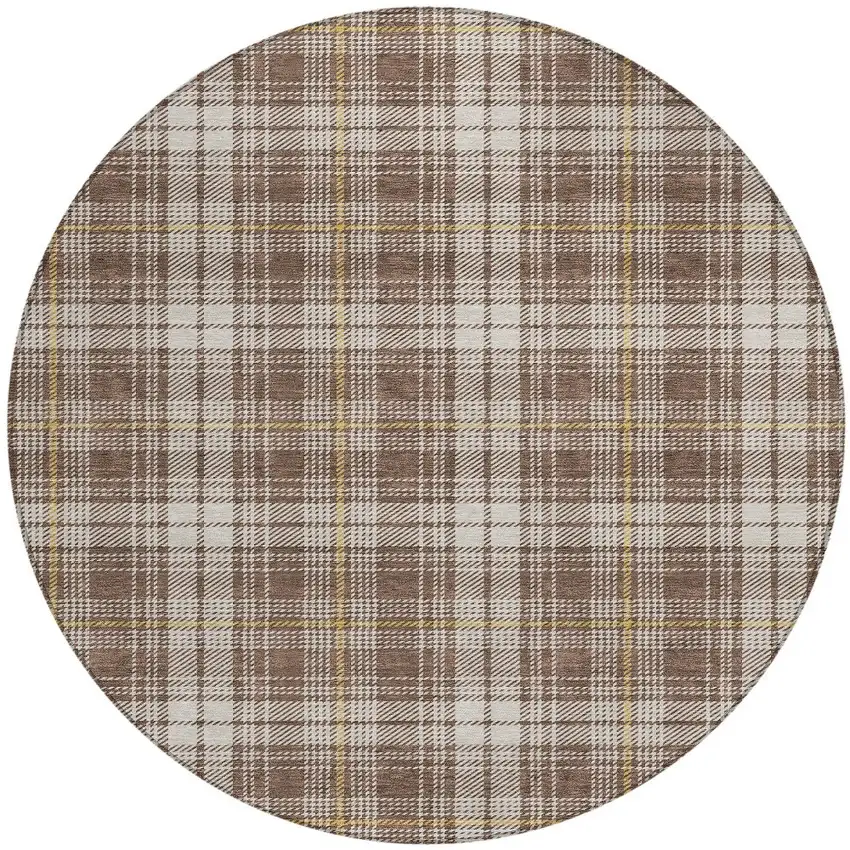 8' Brown Beige And Gold Round Plaid Washable Indoor Outdoor Area Rug Photo 7