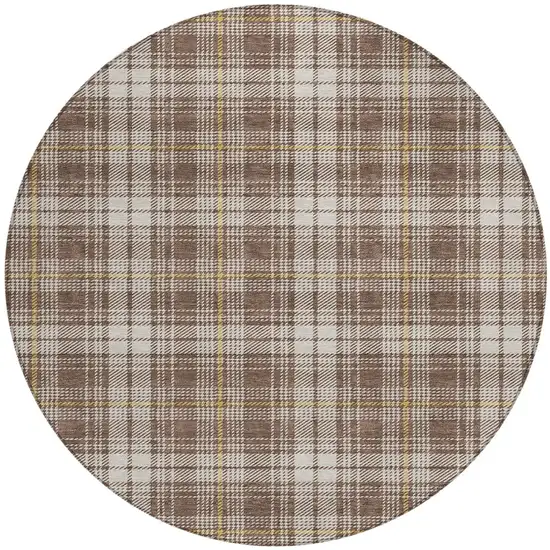 8' Brown Beige And Gold Round Plaid Washable Indoor Outdoor Area Rug Photo 7