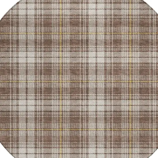 8' Brown Beige And Gold Round Plaid Washable Indoor Outdoor Area Rug Photo 6