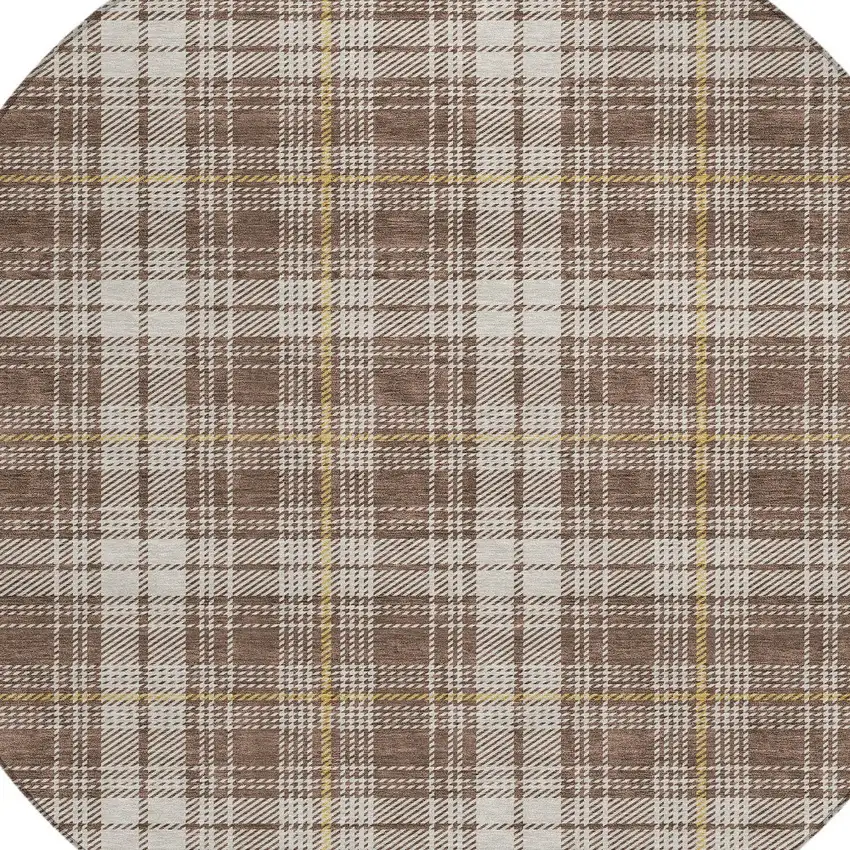 8' Brown Beige And Gold Round Plaid Washable Indoor Outdoor Area Rug Photo 6