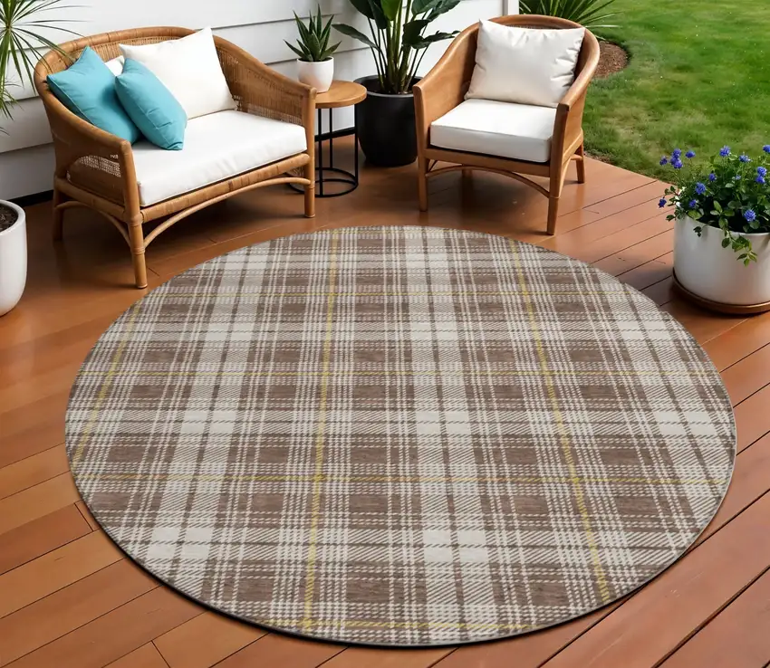 8' Brown Beige And Gold Round Plaid Washable Indoor Outdoor Area Rug Photo 1