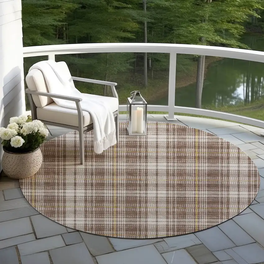 8' Brown Beige And Gold Round Plaid Washable Indoor Outdoor Area Rug Photo 8