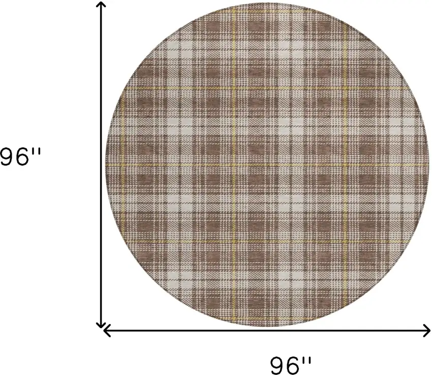 8' Brown Beige And Gold Round Plaid Washable Indoor Outdoor Area Rug Photo 3