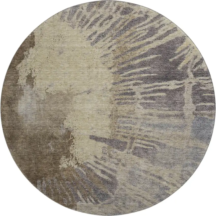 8' Brown Beige And Gray Abstract Washable Round Rug With UV Protection Photo 1