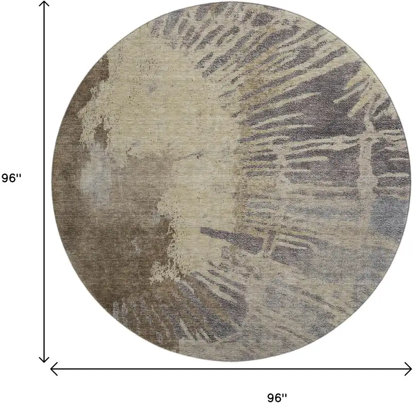 8' Brown Beige And Gray Abstract Washable Round Rug With UV Protection Photo 9