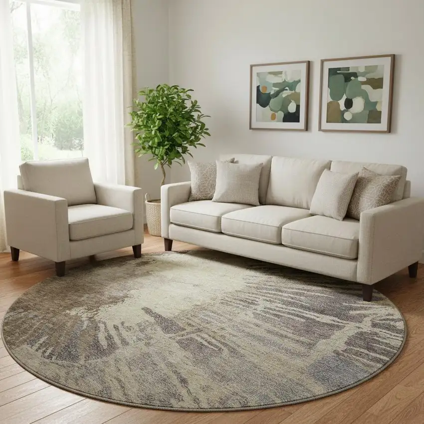 8' Brown Beige And Gray Abstract Washable Round Rug With UV Protection Photo 1