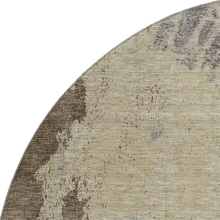 8' Brown Beige And Gray Abstract Washable Round Rug With UV Protection Photo 2