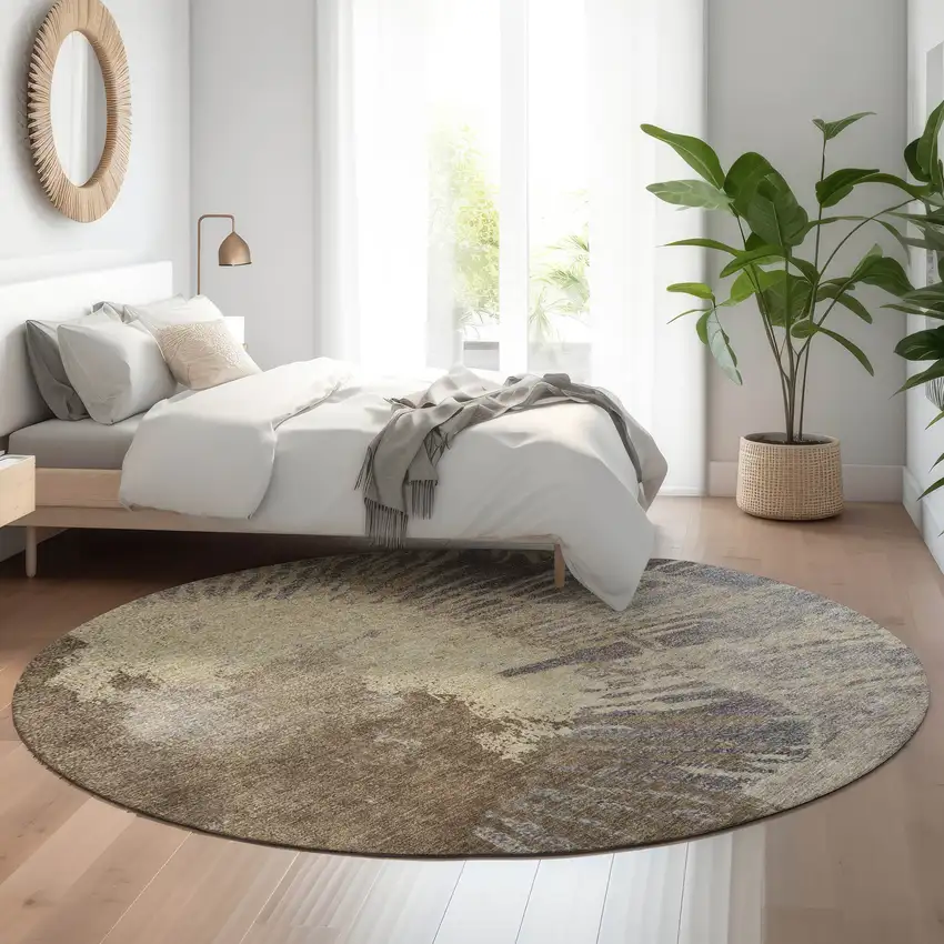 8' Brown Beige And Gray Abstract Washable Round Rug With UV Protection Photo 4