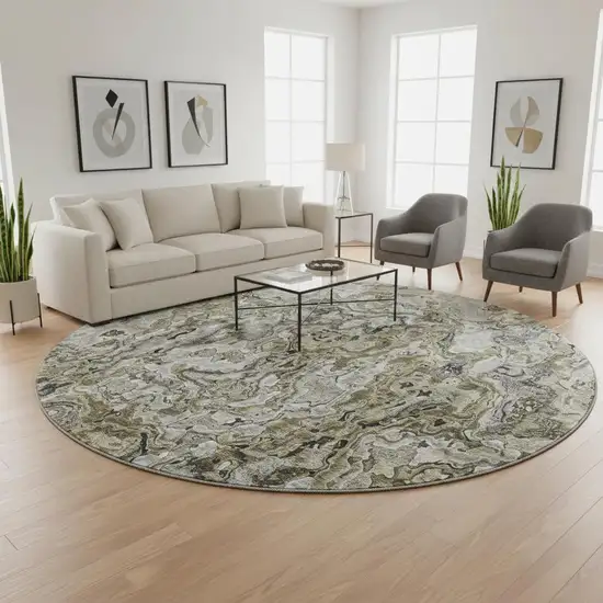 8' Brown Beige And Gray Abstract Washable Round Rug With UV Protection Photo 2
