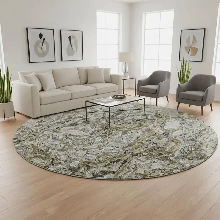 8' Brown Beige And Gray Abstract Washable Round Rug With UV Protection Photo 2