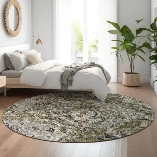 8' Brown Beige And Gray Abstract Washable Round Rug With UV Protection Photo 5
