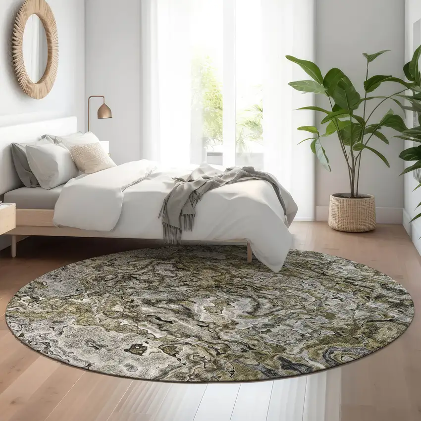 8' Brown Beige And Gray Abstract Washable Round Rug With UV Protection Photo 5