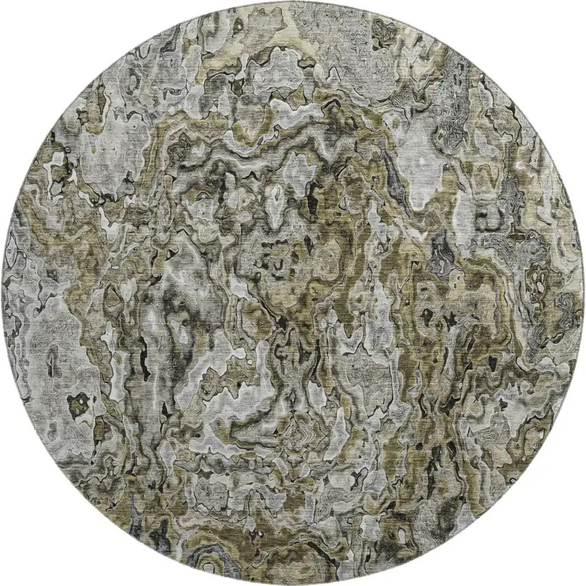 8' Brown Beige And Gray Abstract Washable Round Rug With UV Protection Photo 1