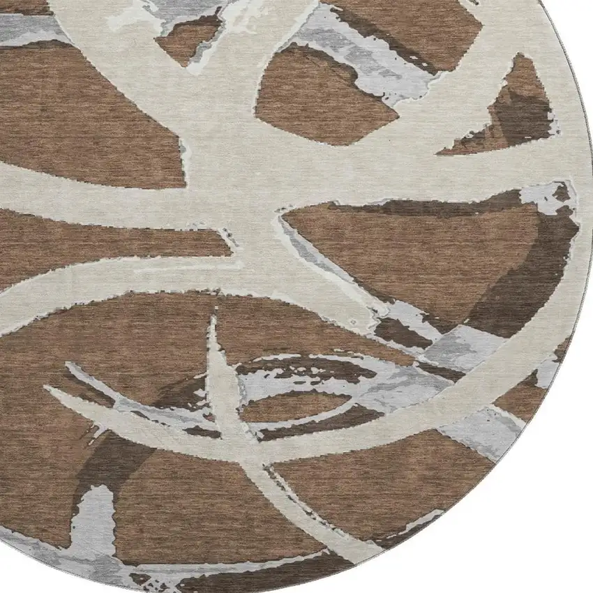 8' Brown Beige And Gray Abstract Washable Round Rug With UV Protection Photo 2