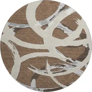 Photo of 8' Brown Beige And Gray Abstract Washable Round Rug With UV Protection