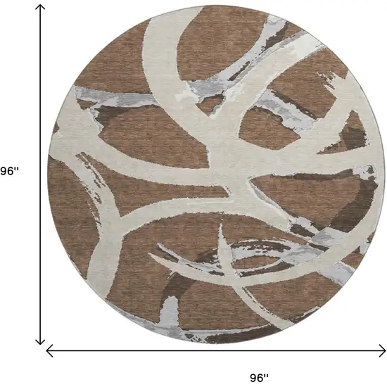 8' Brown Beige And Gray Abstract Washable Round Rug With UV Protection Photo 9