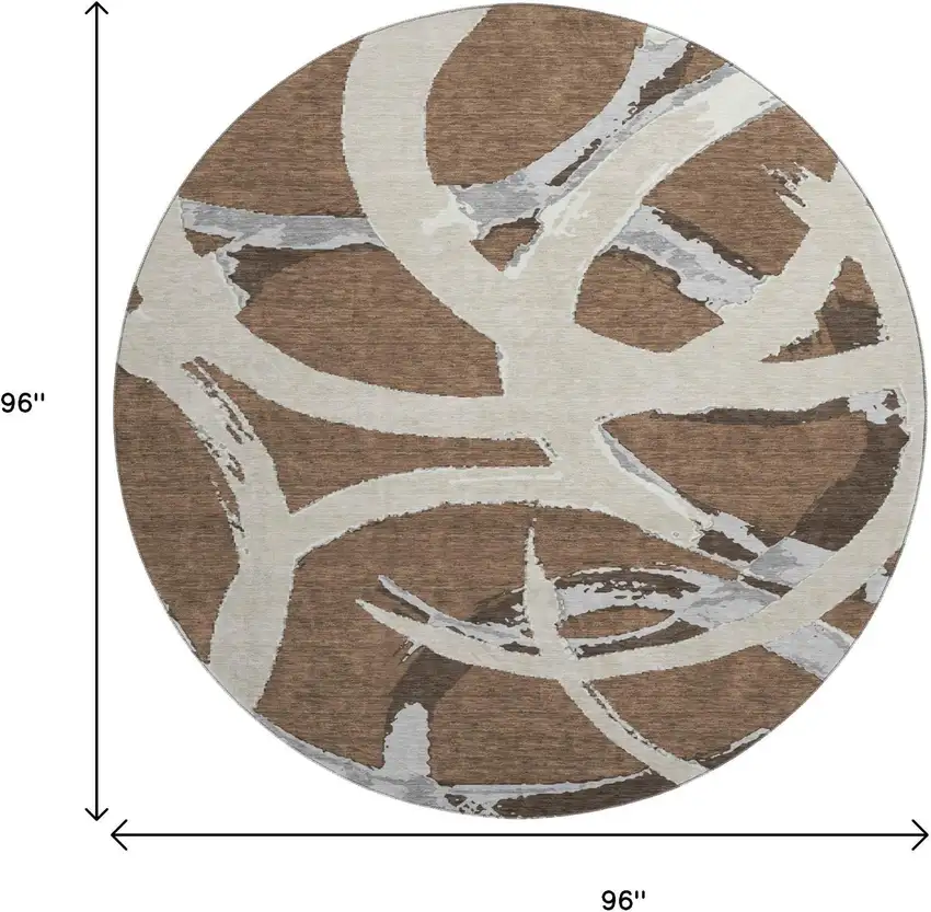 8' Brown Beige And Gray Abstract Washable Round Rug With UV Protection Photo 9