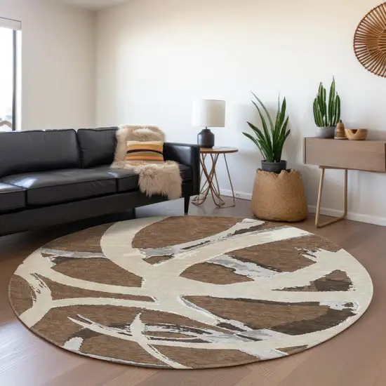 8' Brown Beige And Gray Abstract Washable Round Rug With UV Protection Photo 4