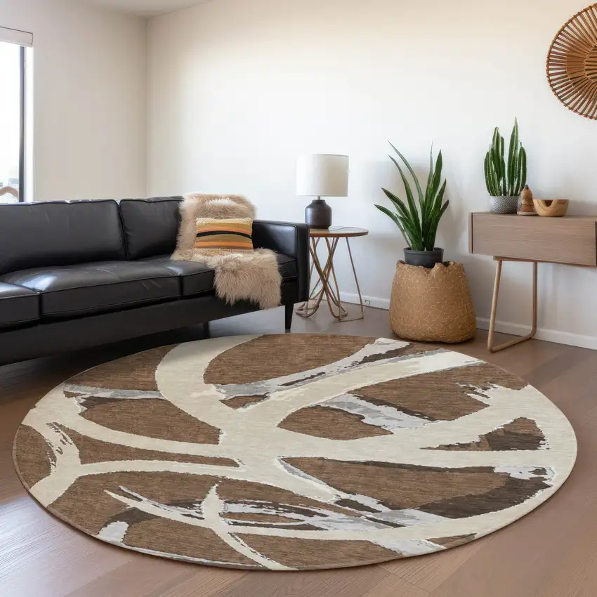 8' Brown Beige And Gray Abstract Washable Round Rug With UV Protection Photo 4