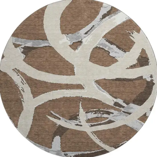 8' Brown Beige And Gray Abstract Washable Round Rug With UV Protection Photo 3