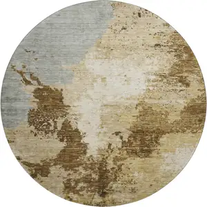 Photo of 8' Brown Beige And Gray Abstract Washable Round Rug With UV Protection
