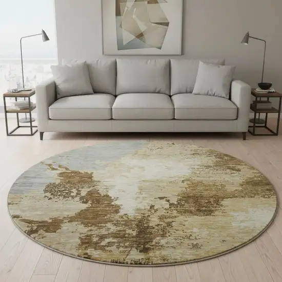 8' Brown Beige And Gray Abstract Washable Round Rug With UV Protection Photo 2