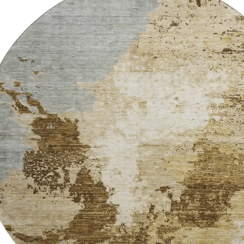 8' Brown Beige And Gray Abstract Washable Round Rug With UV Protection Photo 2