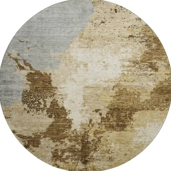 8' Brown Beige And Gray Abstract Washable Round Rug With UV Protection Photo 3