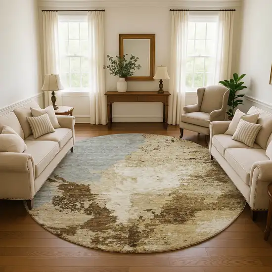 8' Brown Beige And Gray Abstract Washable Round Rug With UV Protection Photo 4