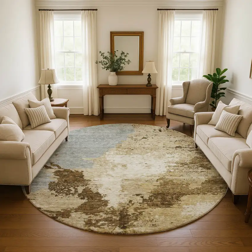 8' Brown Beige And Gray Abstract Washable Round Rug With UV Protection Photo 4