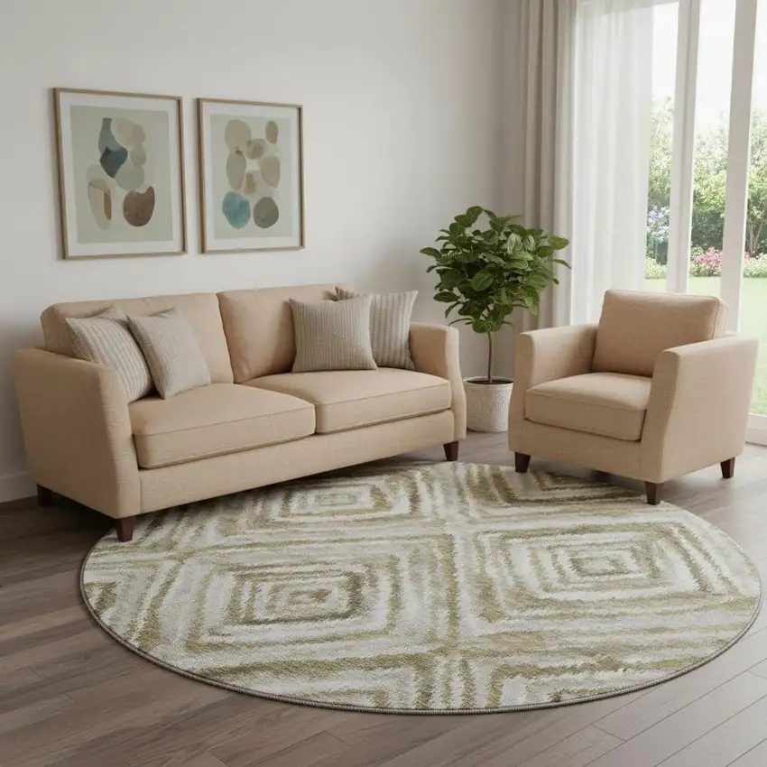 8' Brown Beige And Gray Geometric Washable Round Rug With UV Protection Photo 1