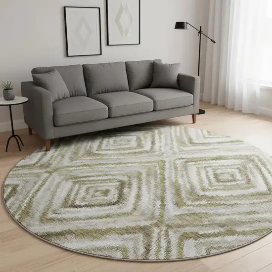 8' Brown Beige And Gray Geometric Washable Round Rug With UV Protection Photo 2