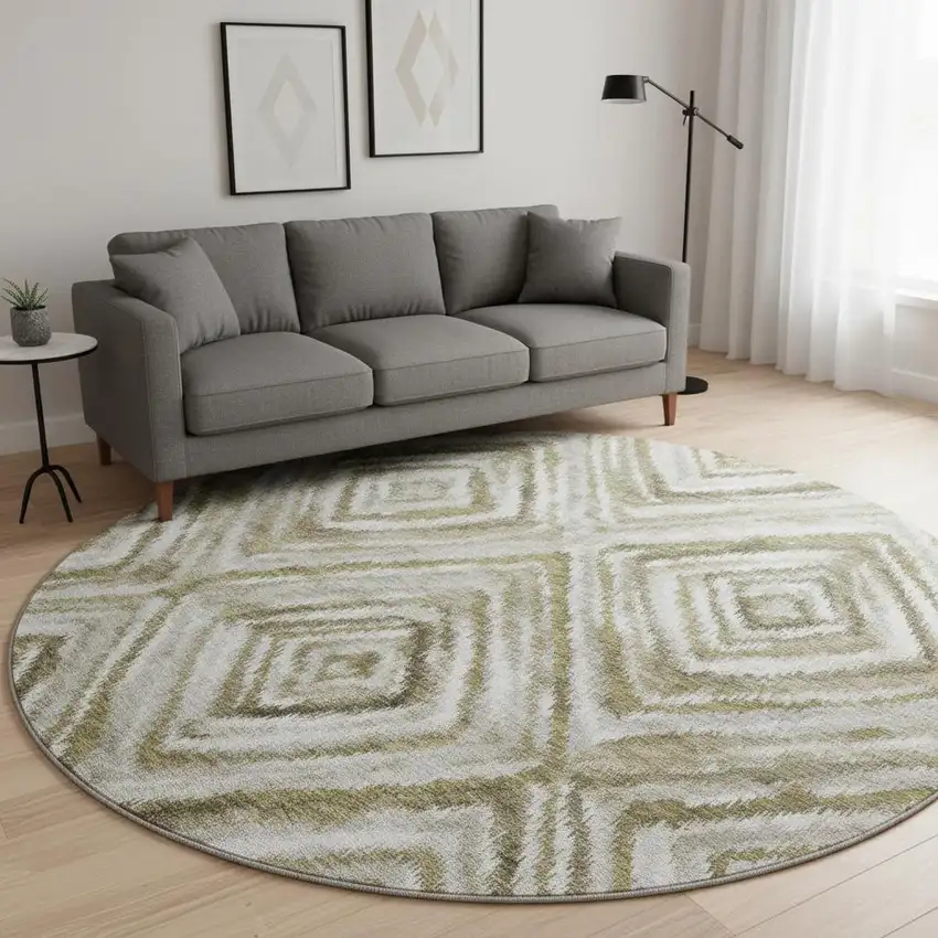 8' Brown Beige And Gray Geometric Washable Round Rug With UV Protection Photo 2