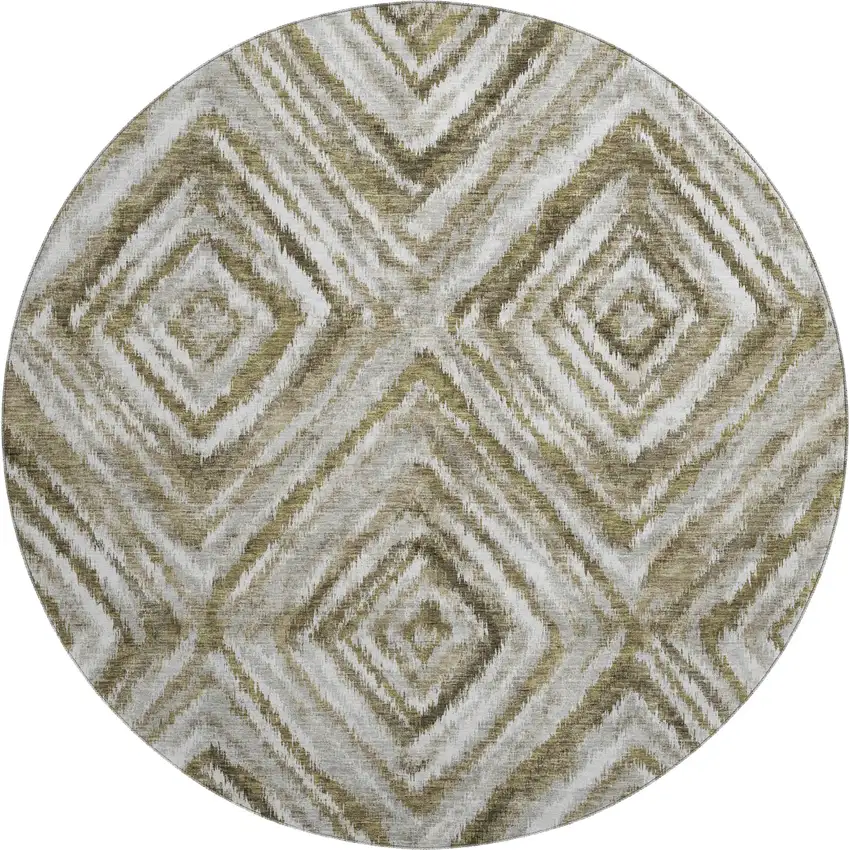 8' Brown Beige And Gray Geometric Washable Round Rug With UV Protection Photo 1