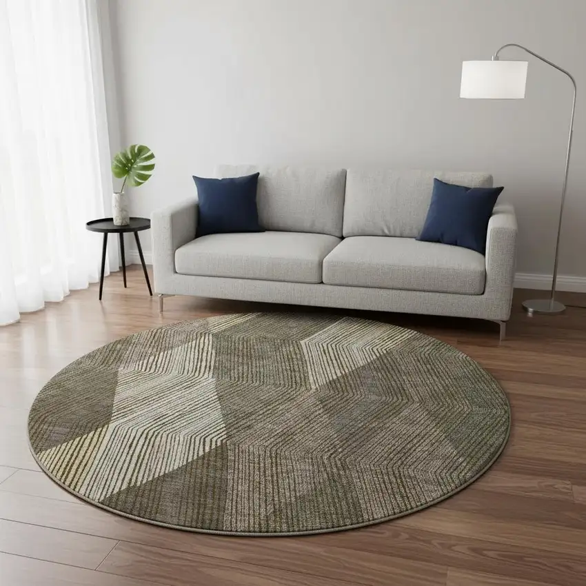 8' Brown Beige And Gray Geometric Washable Round Rug With UV Protection Photo 2