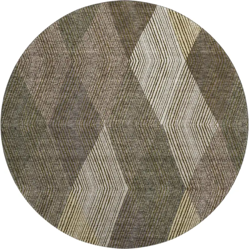 8' Brown Beige And Gray Geometric Washable Round Rug With UV Protection Photo 1