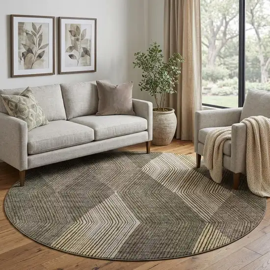 8' Brown Beige And Gray Geometric Washable Round Rug With UV Protection Photo 1