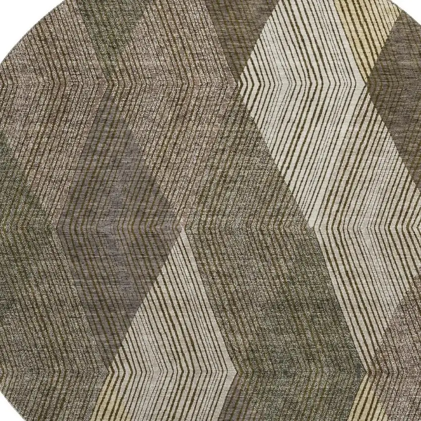 8' Brown Beige And Gray Geometric Washable Round Rug With UV Protection Photo 2