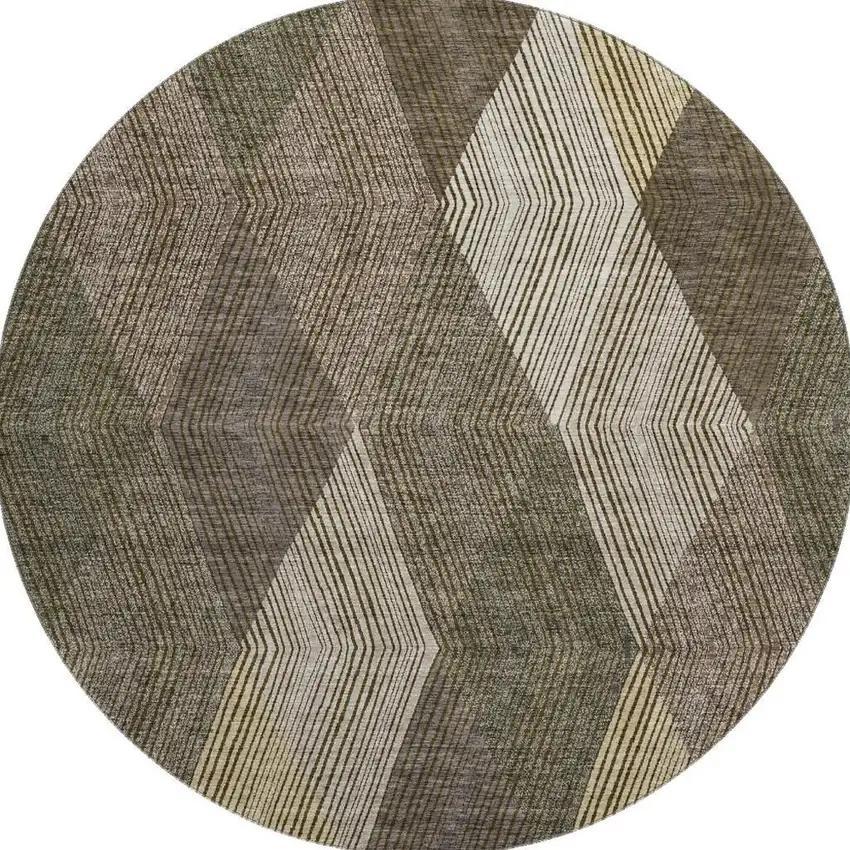 8' Brown Beige And Gray Geometric Washable Round Rug With UV Protection Photo 3