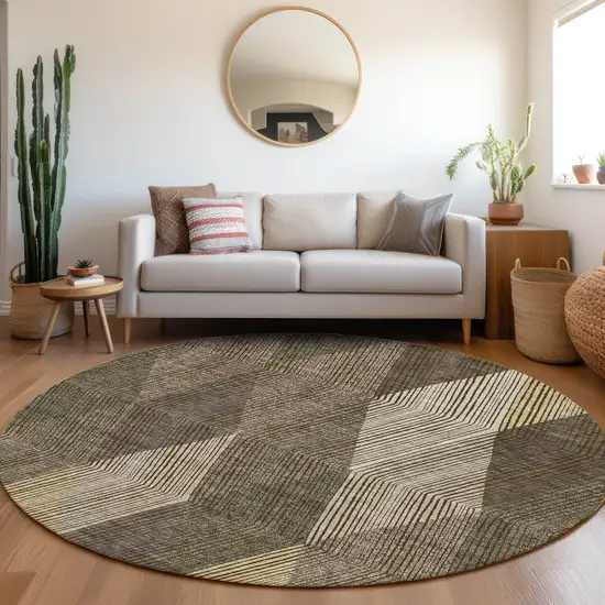 8' Brown Beige And Gray Geometric Washable Round Rug With UV Protection Photo 4