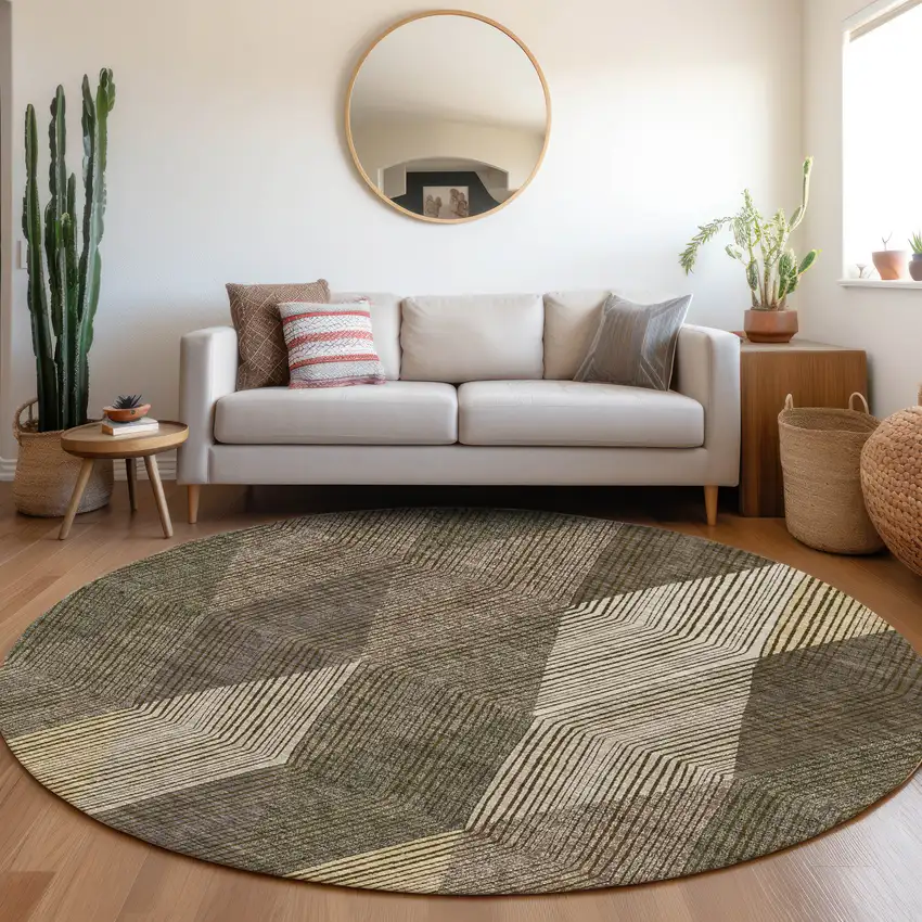 8' Brown Beige And Gray Geometric Washable Round Rug With UV Protection Photo 4