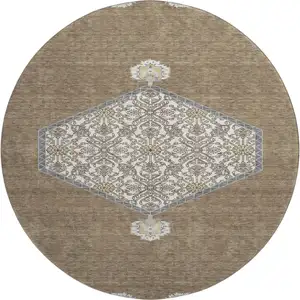 Photo of 8' Brown Beige And Gray Oriental Washable Round Rug With UV Protection