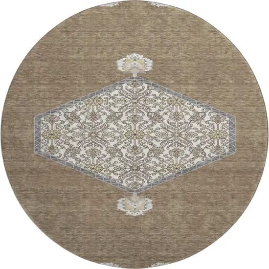 8' Brown Beige And Gray Oriental Washable Round Rug With UV Protection Photo 1