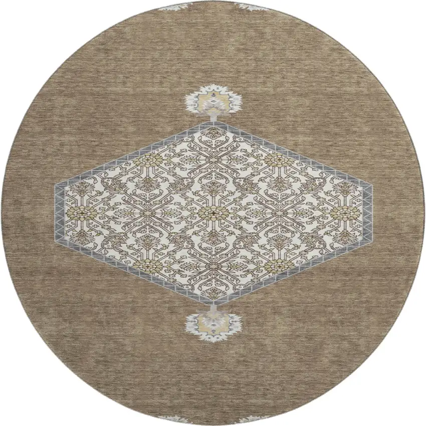 8' Brown Beige And Gray Oriental Washable Round Rug With UV Protection Photo 1