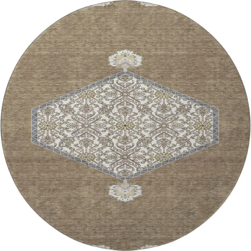 8' Brown Beige And Gray Oriental Washable Round Rug With UV Protection Photo 3